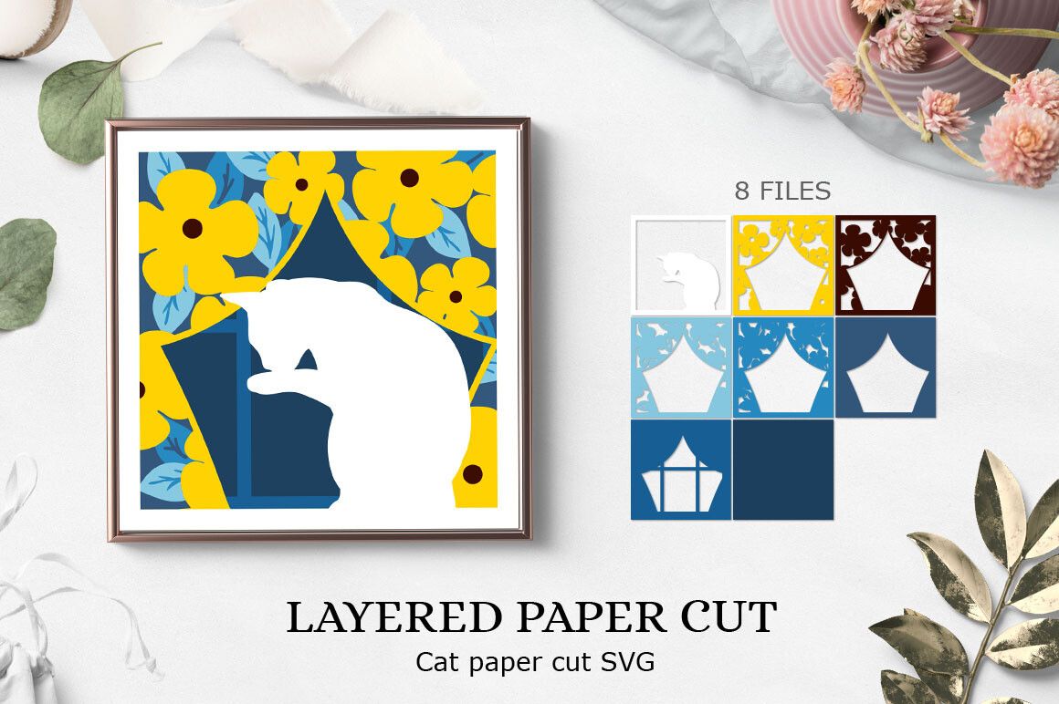Cat with Flowers Svg / Cat 3D Shadow Box