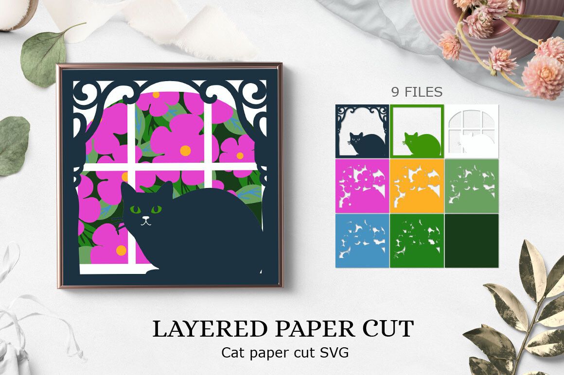 Cat with Flowers Svg / Cat 3D Shadow Box