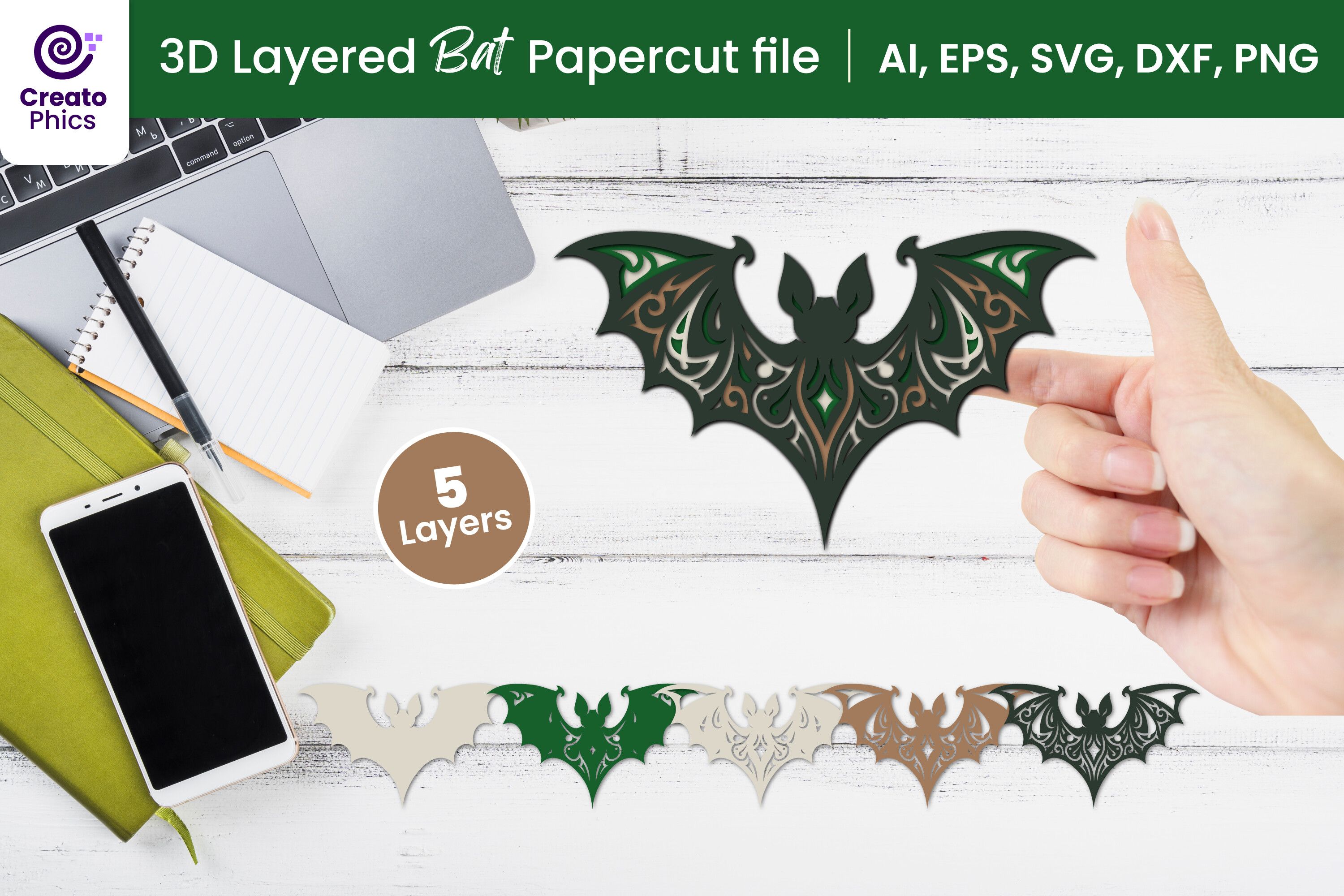3D Layered Bat Paper Cutting SVG | Decor