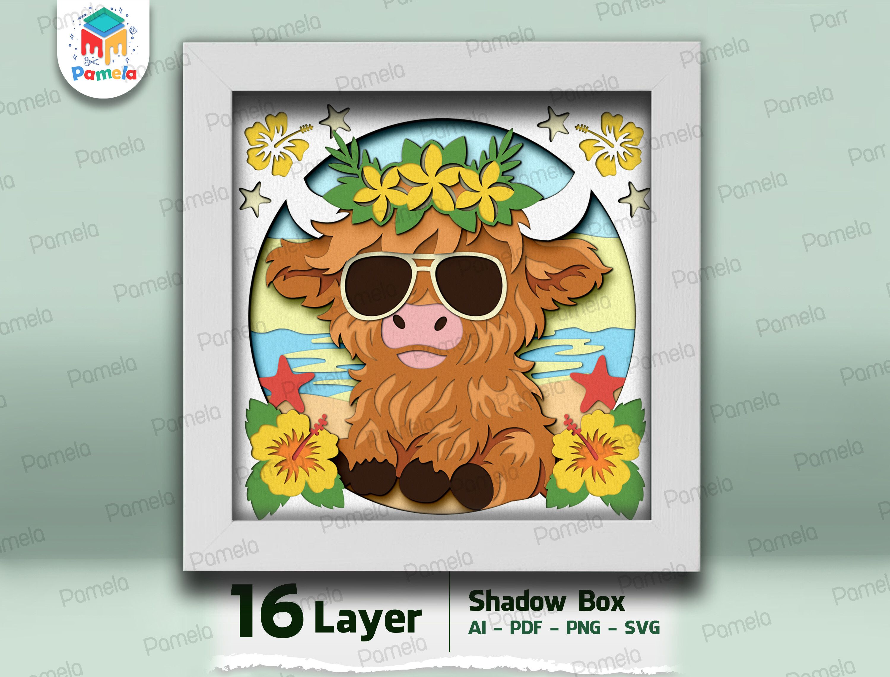 Highland Cow Summer Shadow Box SVG